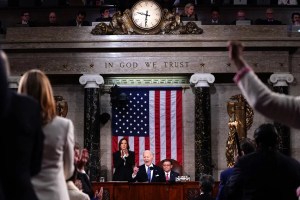 President Biden delivers the State of the Union address in the House Chamber of the U.S. Capitol on Thursday. Shawn Thew/Pool/AFP via Getty Images