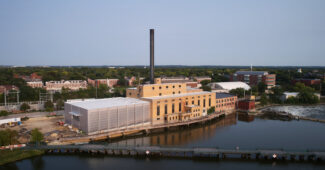 Beloit Powerhouse - Aerial image from River. Courtesy of Studio Gang