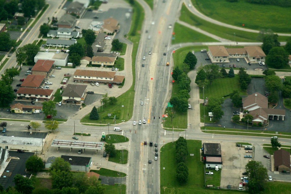 An aerial photo of a commercial area in Sugar Grove, Illinois.