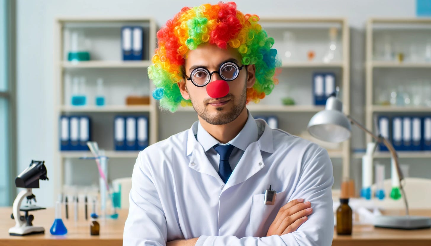 An otherwise respectable scientist wearing a clown wig and clown nose. The scientist should be dressed in typical scientific attire like a lab coat, with a serious expression that contrasts humorously with the clown accessories. The background should resemble a laboratory setting with scientific equipment, bookshelves, and lab tools, highlighting the playful and unexpected addition of the clown wig and nose.